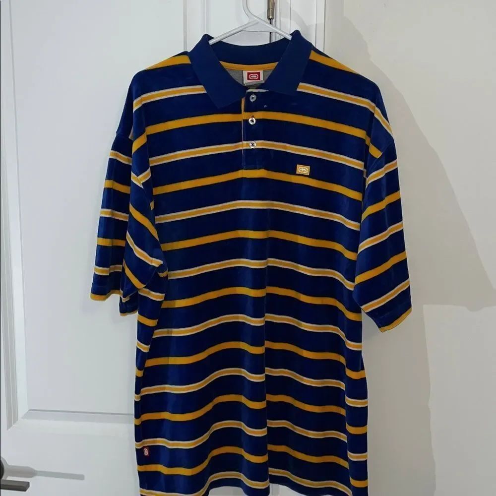 Vintage Velour Velvet Striped Polo Shirt Large Swedish Sweden Colors w/flaw L